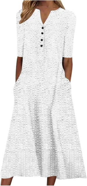 Womens Summer Short Sleeve Wrap V Neck Mini Sundress Button Down Boho Floral Long Dress Basic Casual Dresses 2025