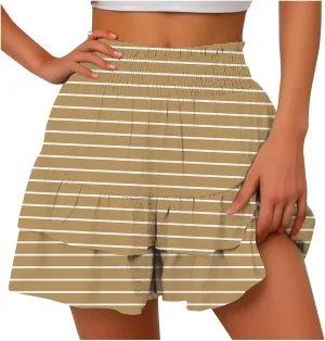 Women's Summer Wide Leg Printed High Waisted Lightweight Shorts with Floral Pleated Hem Casual Vacation Pants