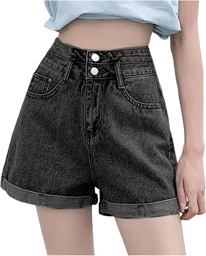 Womens Trendy Summer Denim Shorts A-Line High Waisted Folded Hem Jeans Shorts for Teen Girls Juniors Fashion Short Jeans