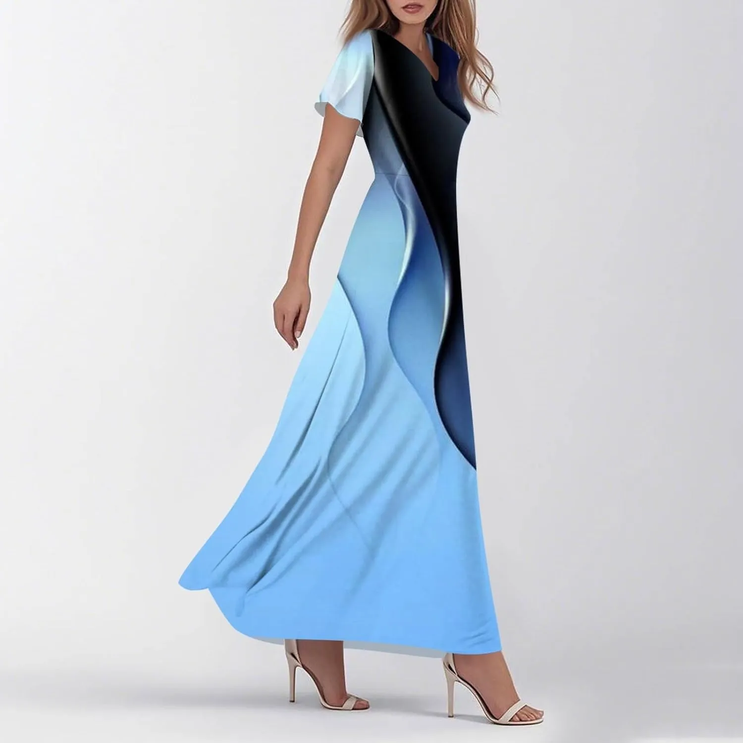 Women's Vacation Outfits Casual Loose Trendy Short Sleeve V-Neck Floral Printed Solid Beach Maxi Dresses, XS-2XL
