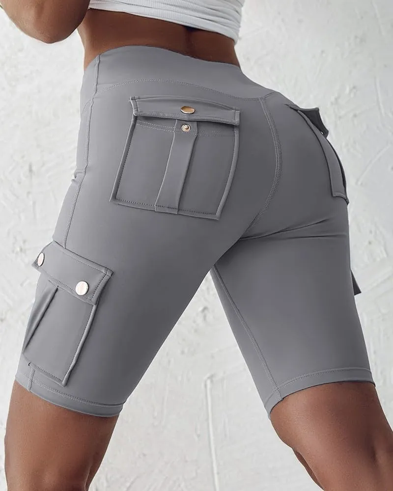 Womens Workout Shorts with Pocket Tummy Control Cargo Shorts Knee Length Butt Lifting High Waisted Biker Yoga Legging