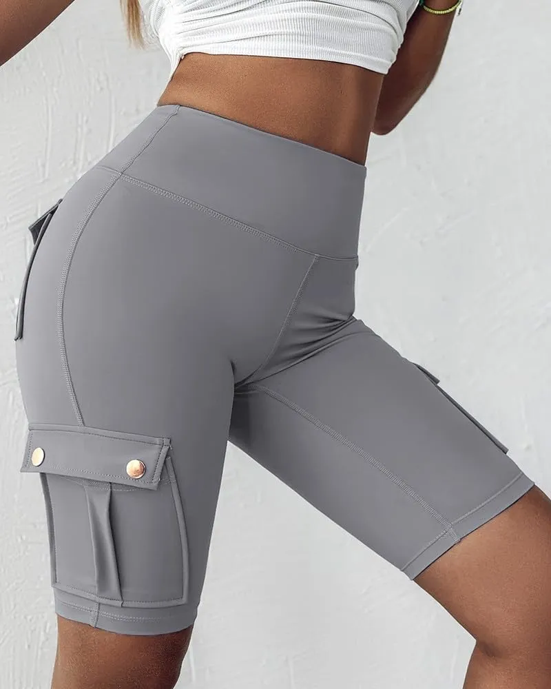 Womens Workout Shorts with Pocket Tummy Control Cargo Shorts Knee Length Butt Lifting High Waisted Biker Yoga Legging