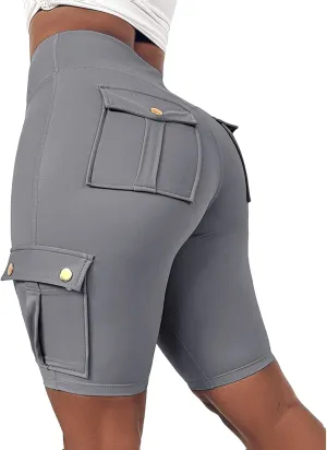 Womens Workout Shorts with Pocket Tummy Control Cargo Shorts Knee Length Butt Lifting High Waisted Biker Yoga Legging