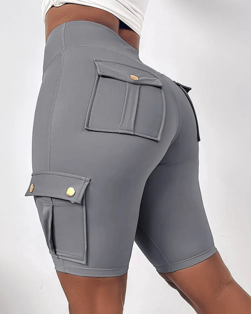 Womens Workout Shorts with Pocket Tummy Control Cargo Shorts Knee Length Butt Lifting High Waisted Biker Yoga Legging