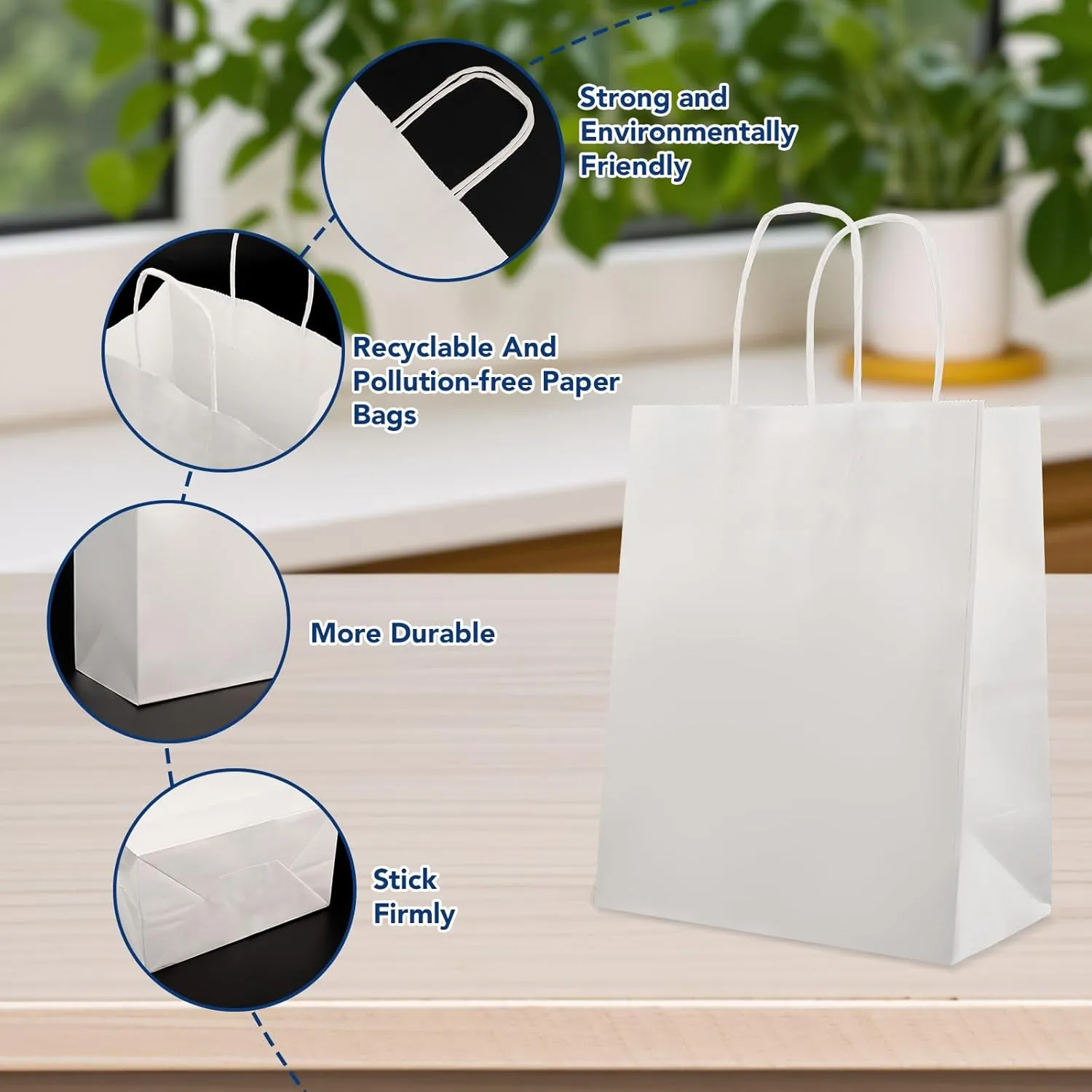 XPCARE 100Pack White Paper Bags 8x4.5x10 Inch, Plain Medium Paper Bags with Handles Bulk, Kraft Paper Gift, Retail, Party, Shopping Bag, Favor Bag