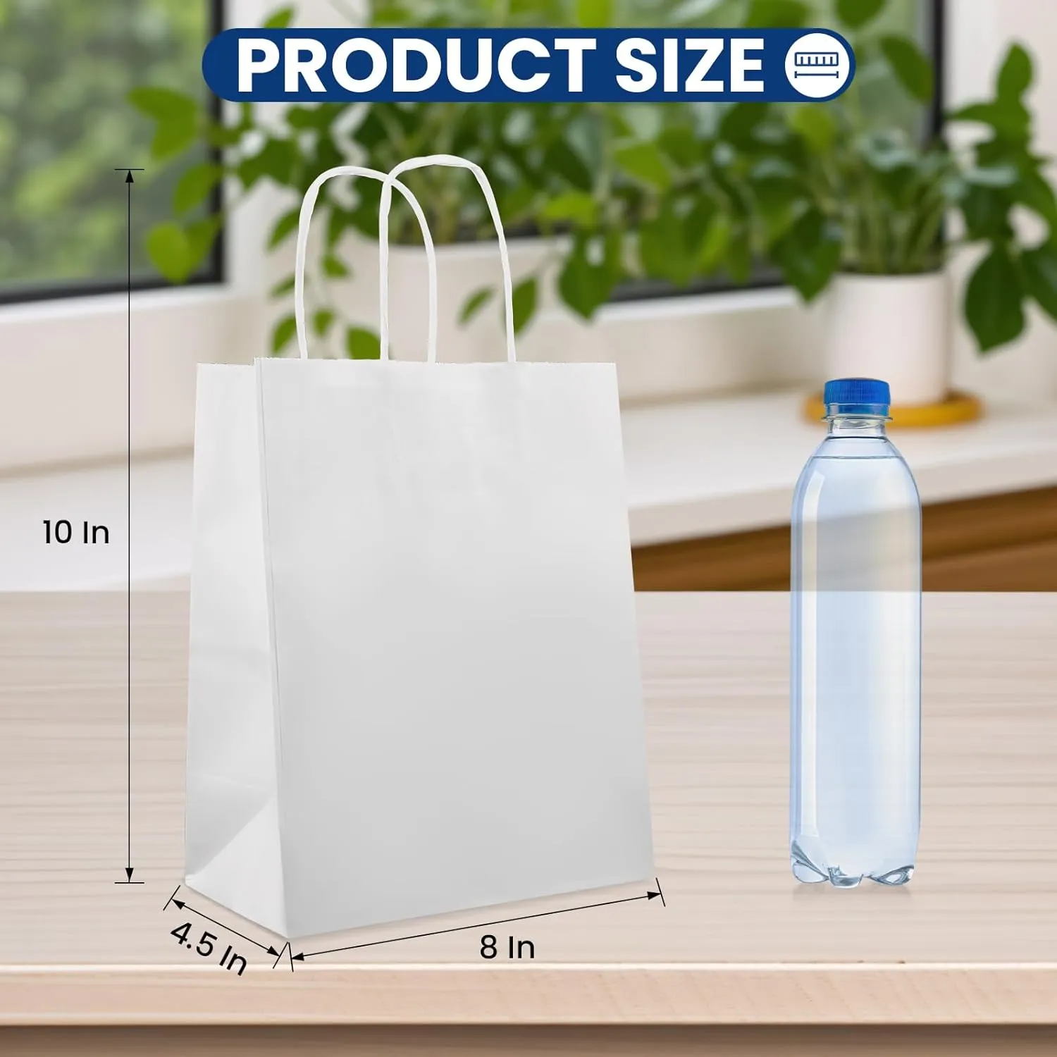 XPCARE 100Pack White Paper Bags 8x4.5x10 Inch, Plain Medium Paper Bags with Handles Bulk, Kraft Paper Gift, Retail, Party, Shopping Bag, Favor Bag
