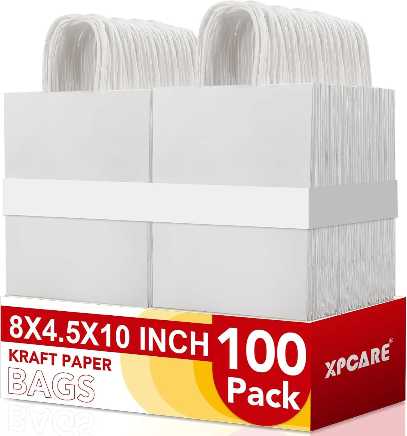 XPCARE 100Pack White Paper Bags 8x4.5x10 Inch, Plain Medium Paper Bags with Handles Bulk, Kraft Paper Gift, Retail, Party, Shopping Bag, Favor Bag