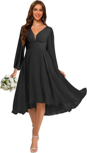 YOFF Women's Chiffon V Neck Bridesmaid Dress Long Sleeves Pleated A-Line Midi Length Wedding Guest Dress YO114