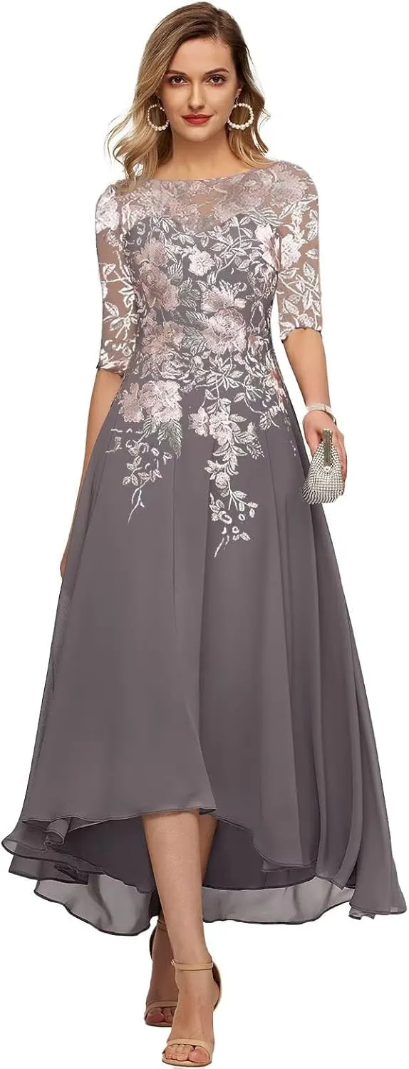 YUAOHUANG Chiffon Mother of The Bride Dresses for Wedding 2025 Lace Appliques 3/4 Sleeves Formal Evening Gown for Women