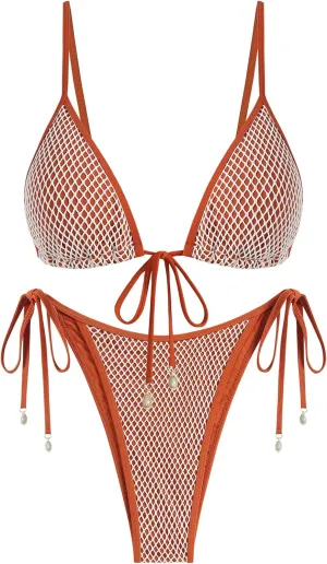 ZAFUL Women Triangle String Two Piece Bikini Fishnet Mesh Tie Shell Decor Tanga 2 Piece Swimsuit