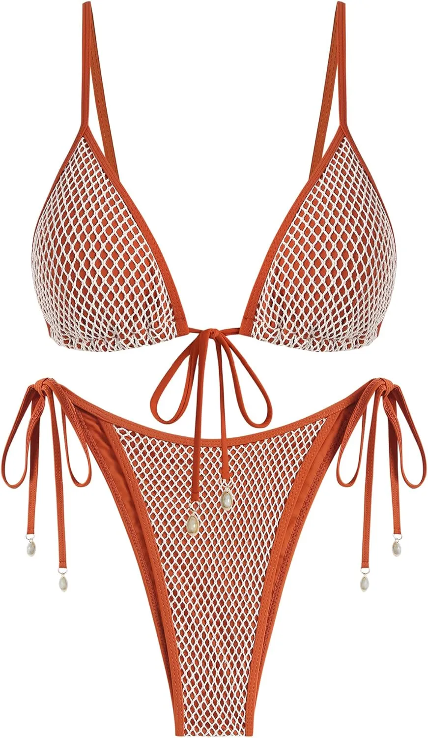ZAFUL Women Triangle String Two Piece Bikini Fishnet Mesh Tie Shell Decor Tanga 2 Piece Swimsuit