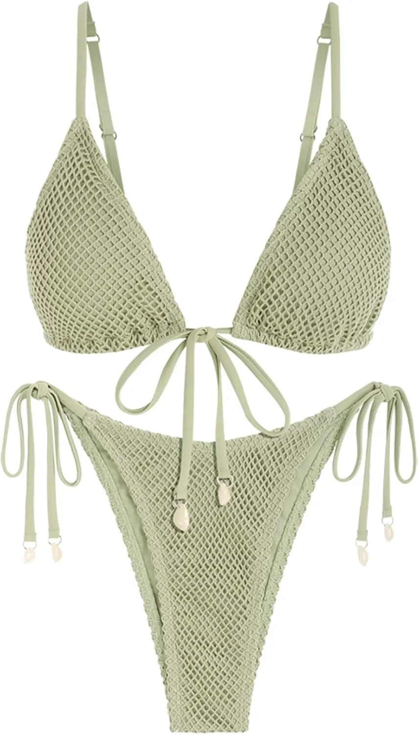 ZAFUL Women Triangle String Two Piece Bikini Fishnet Mesh Tie Shell Decor Tanga 2 Piece Swimsuit