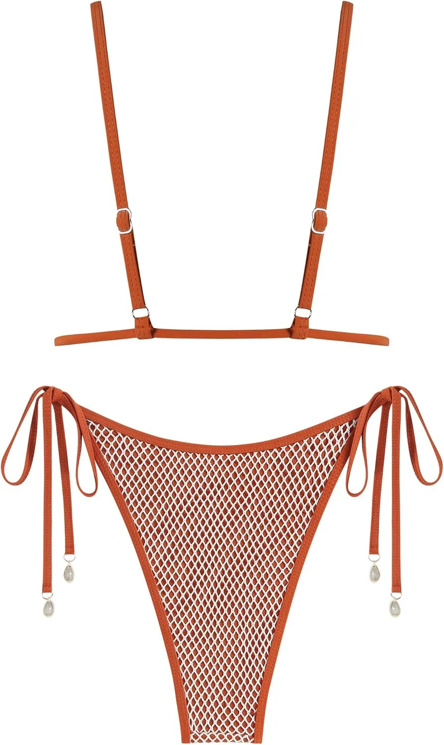 ZAFUL Women Triangle String Two Piece Bikini Fishnet Mesh Tie Shell Decor Tanga 2 Piece Swimsuit