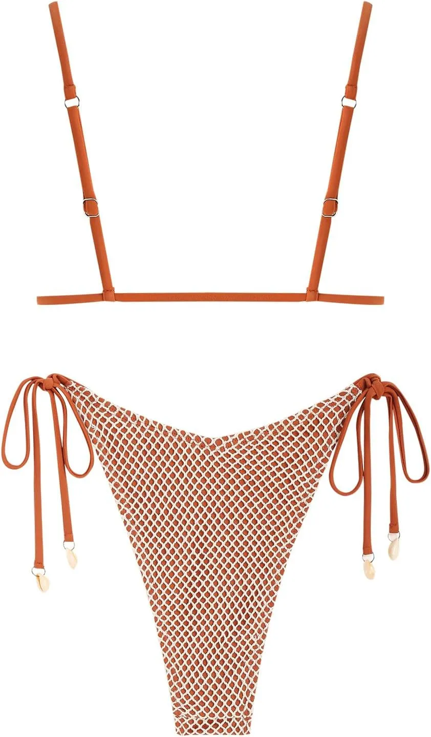 ZAFUL Women Triangle String Two Piece Bikini Fishnet Mesh Tie Shell Decor Tanga 2 Piece Swimsuit