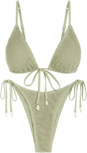 ZAFUL Women Triangle String Two Piece Bikini Fishnet Mesh Tie Shell Decor Tanga 2 Piece Swimsuit