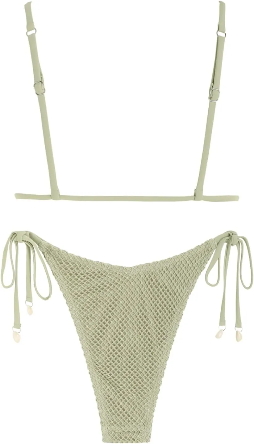 ZAFUL Women Triangle String Two Piece Bikini Fishnet Mesh Tie Shell Decor Tanga 2 Piece Swimsuit
