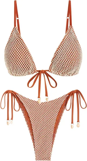 ZAFUL Women Triangle String Two Piece Bikini Fishnet Mesh Tie Shell Decor Tanga 2 Piece Swimsuit