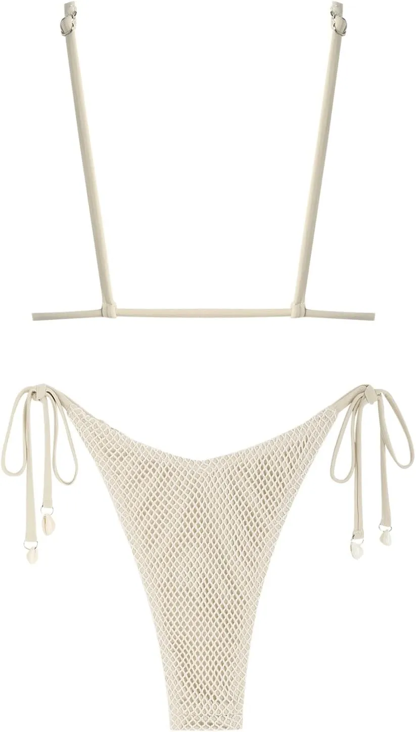 ZAFUL Women Triangle String Two Piece Bikini Fishnet Mesh Tie Shell Decor Tanga 2 Piece Swimsuit