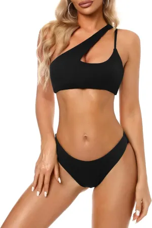 ZAFUL Women's Sexy Cutout One Shoulder Bikini Underwire Padded Two Piece Bathing Suit Cheeky Thong Brazilian Swimsuit