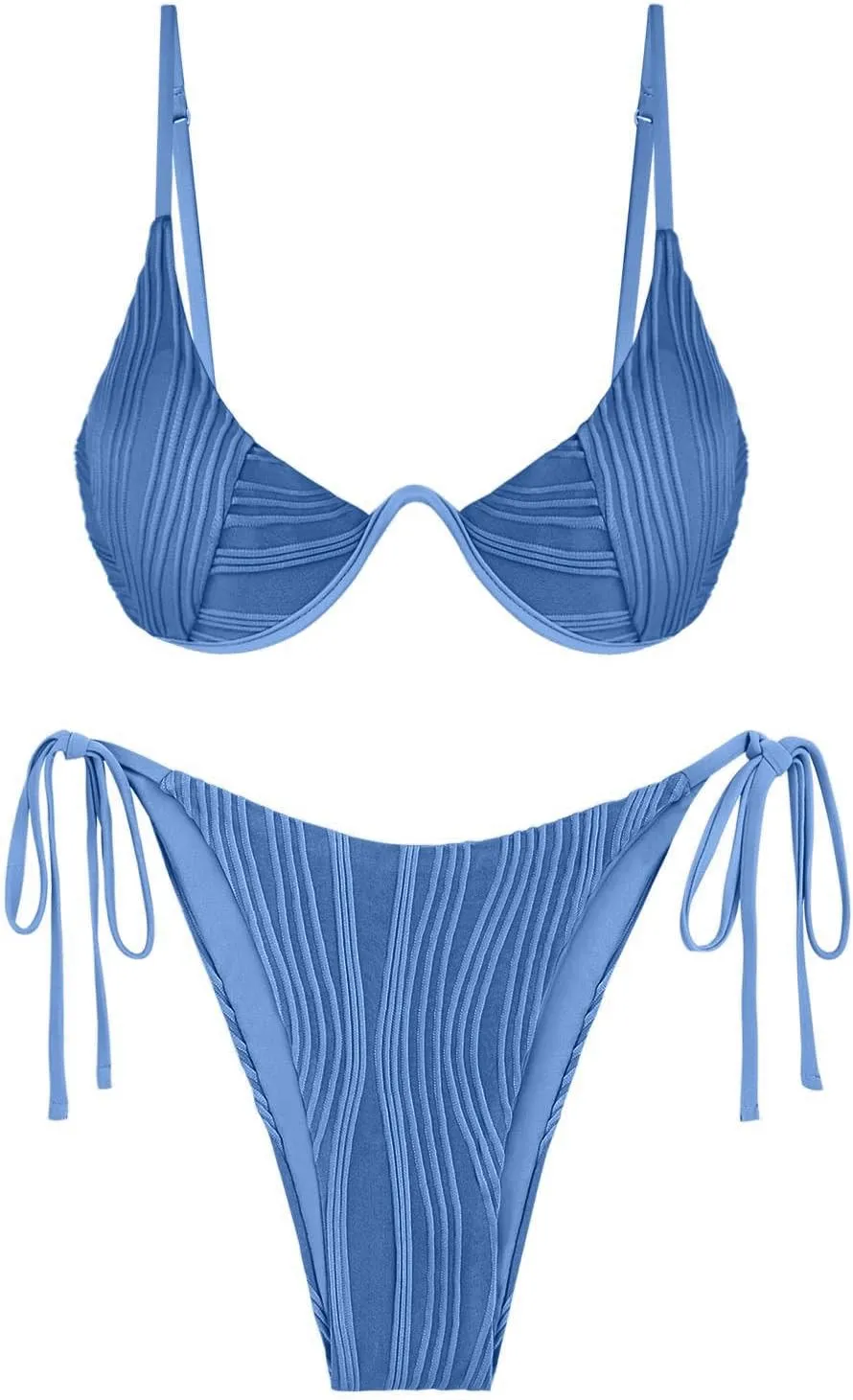ZAFUL Women's Textured Underwire Bikini Set V Notch High Cut Swimwear Tie Side Ribbed Sexy Swimsuits