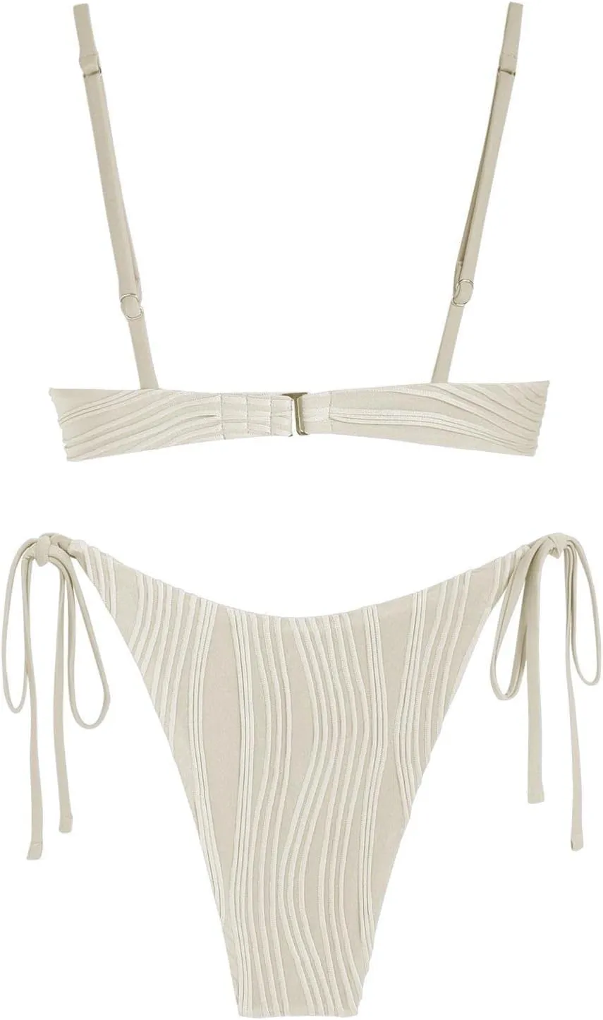 ZAFUL Women's Textured Underwire Bikini Set V Notch High Cut Swimwear Tie Side Ribbed Sexy Swimsuits