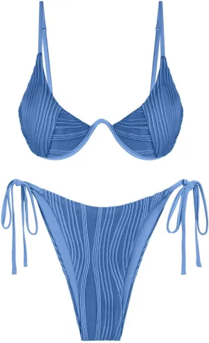 ZAFUL Women's Textured Underwire Bikini Set V Notch High Cut Swimwear Tie Side Ribbed Sexy Swimsuits