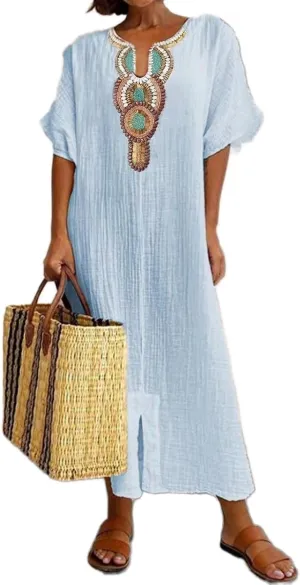 ZOCAVIA Cotton Linen Maxi Dresses for Women Ethnic Embroidered V Neck Sundress Summer Beach Casual Split Flowy Long Dress