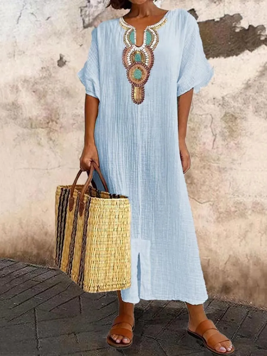 ZOCAVIA Cotton Linen Maxi Dresses for Women Ethnic Embroidered V Neck Sundress Summer Beach Casual Split Flowy Long Dress